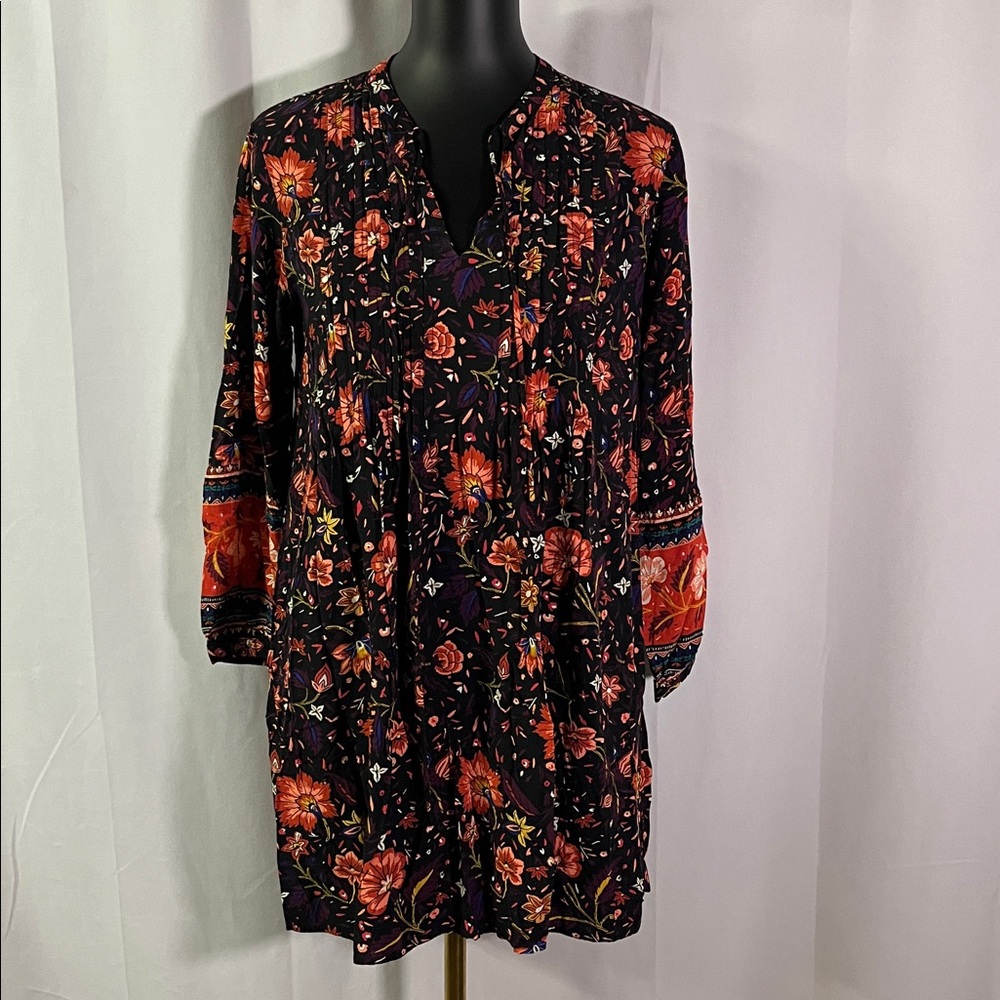 Old Navy Black Multicolor Floral Print Long Sleeve V-Neck Mini Dress